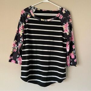 SHEIN Black White Striped 3/4 Sleeve Shirt with Floral Sleeves Blouse Top Office